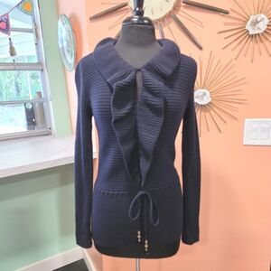 Gucci Medium Wool Ruffle Sweater Navy Blue Luxury Ribbed Made In Italy Tie Waist